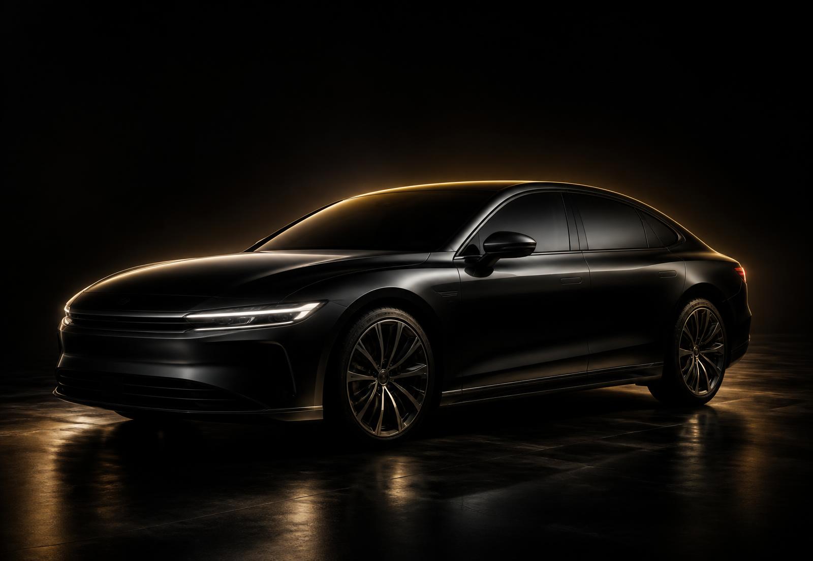 Unbranded black sedan lit by gold rim light in a dark studio